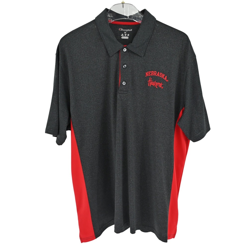 Champion Nebraska Huskers Mens XL Gray Red Performance Polo Shirt Short Sleeve